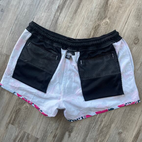 AussieBum Swim Shorts Size L Floral Hibiscus Print White Pink Black Drawstring - Picture 9 of 9